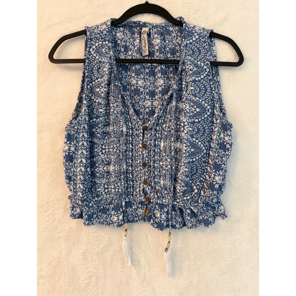 American Rag Blue‎ Floral Boho Crop Top Sleeveless Button Front Tassel Size M